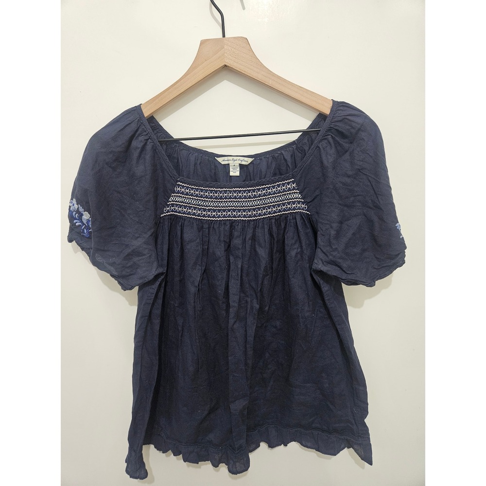 American Eagle Navy Blue Smocked‎ Embroidered Peasant Blouse Top Womens Size 8